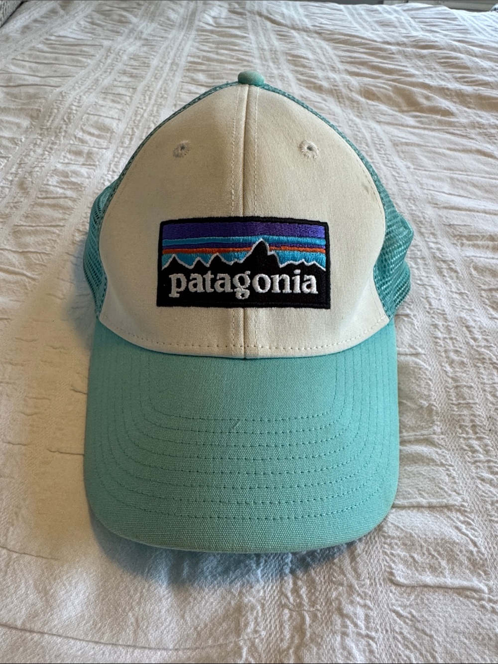 Patagonia Cream & Aqua Mesh Trucker Cap with Patch Logo